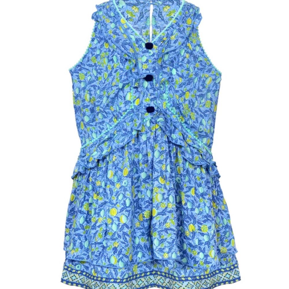 Poupette St. Barth Blue and Aqua Floral Ruffled Tier Dress